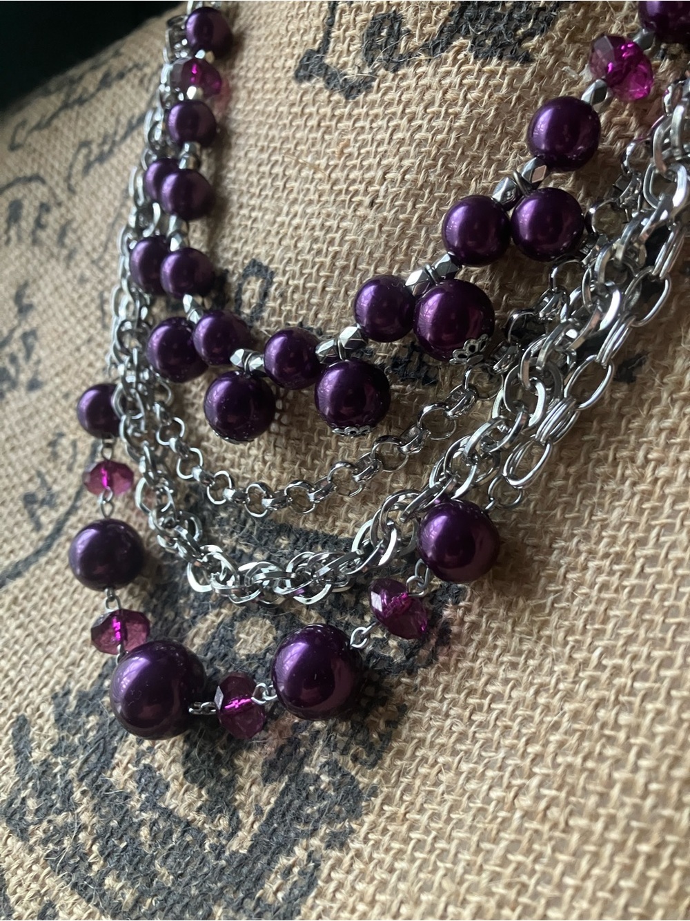 Purple metallic pearl layered silver necklace